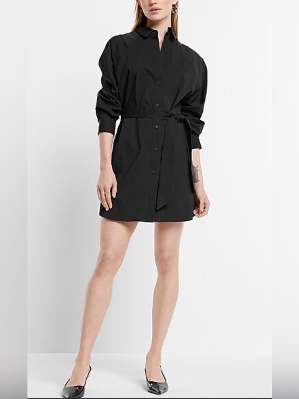 Express Black Button-Front Shirt Dress with Waist Tie